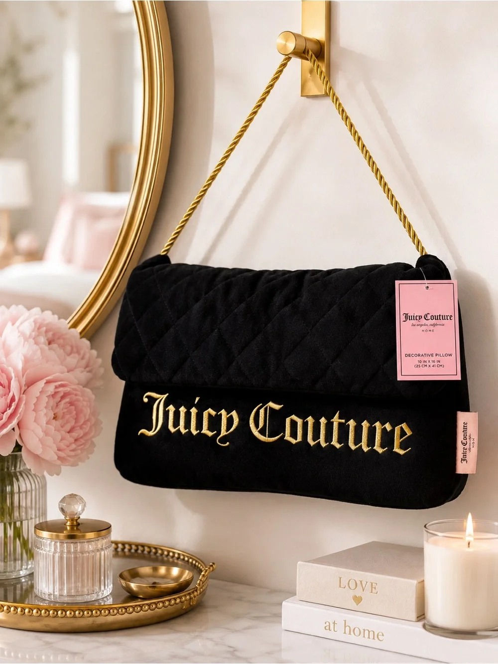 Juicy Couture Home Black Purse Decorative Pillow Gold Logo NWT 10x16